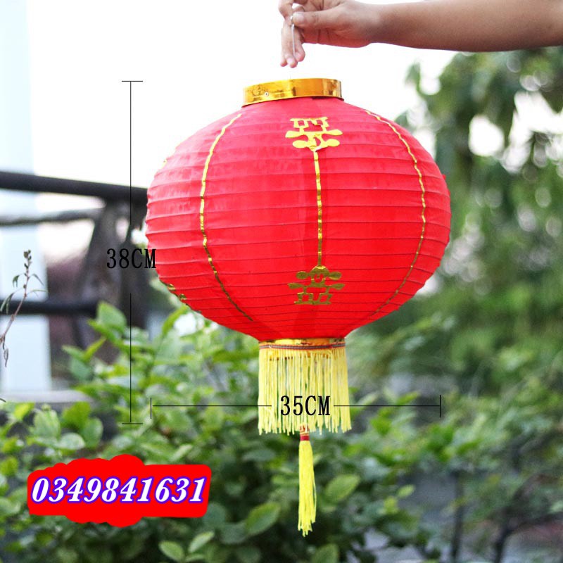 Đèn lồng vải tròn có tua VIỀN VÀNG - màu đỏ - 35cm