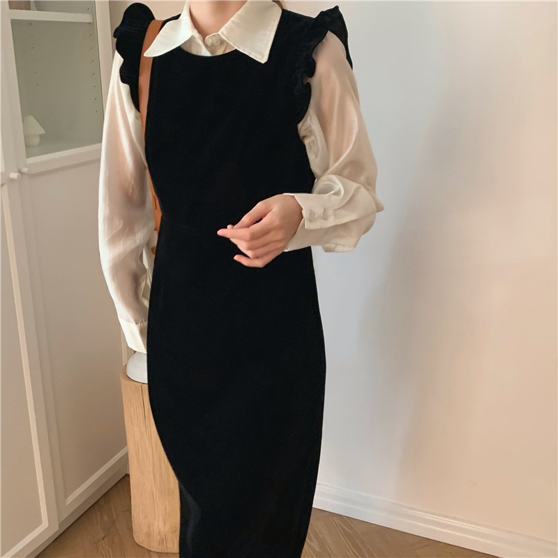 Set Áo Tay Dài Xuyên Thấu + Chân Váy Nhung Màu Trơn Thời Trang 39601 Cho Nữ