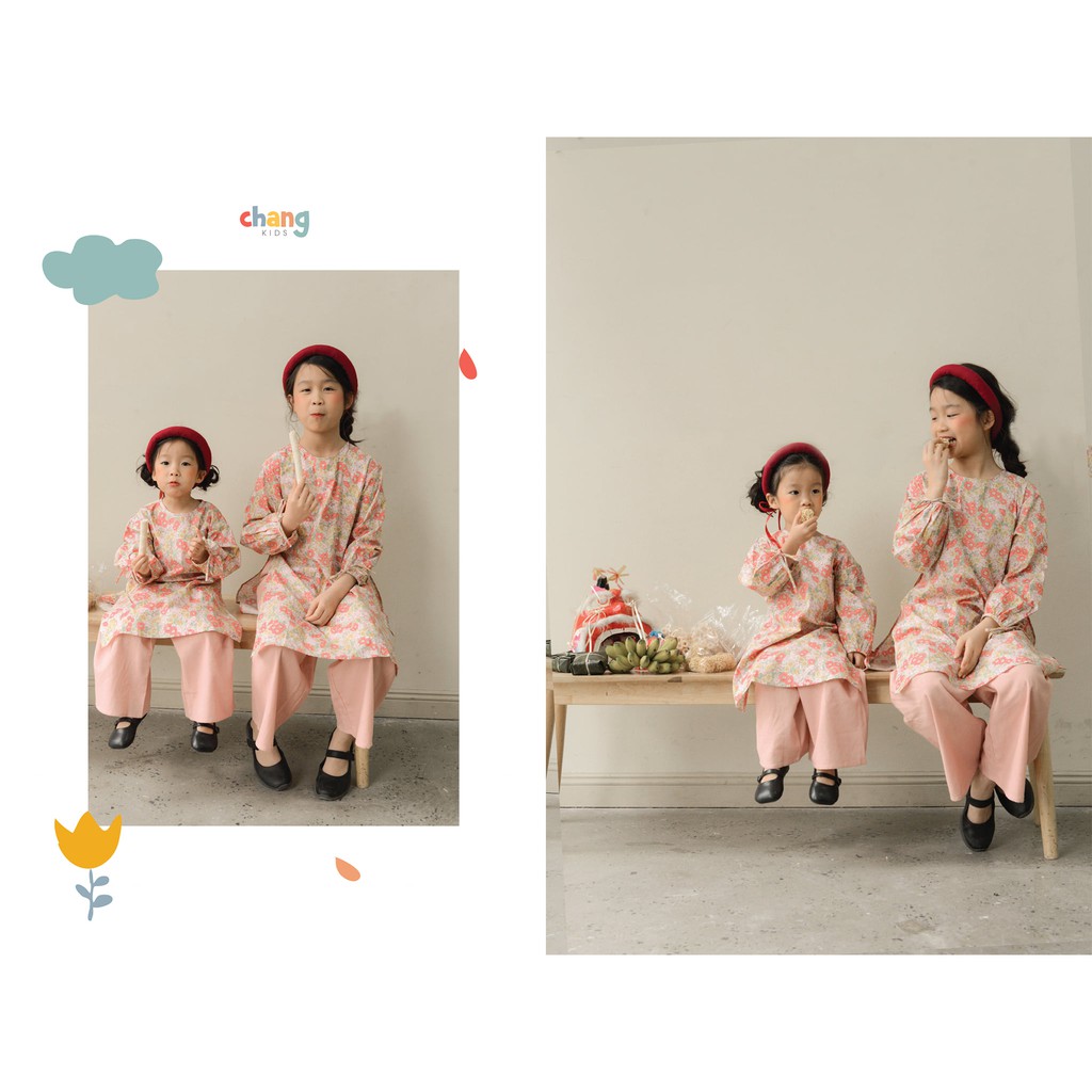 Set áo dài hoa nhí bo tay/quần linen hàn-2 màu