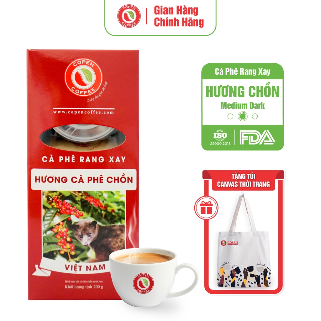 Hộp cà phê phin rang xay hương chồn Copen Coffee nguyên chất, tặng phin inox (200g)