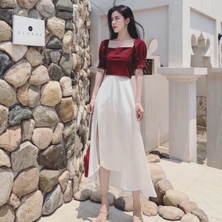 Set chân váy lụa xẻ tà