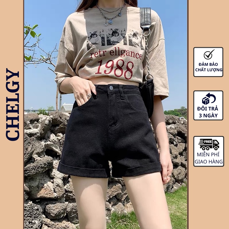 Quần Sooc jean cạp cao Chelgy tôn dáng, quần short nữ vải Jean thô dáng lửng cạp khóa CG-JS501