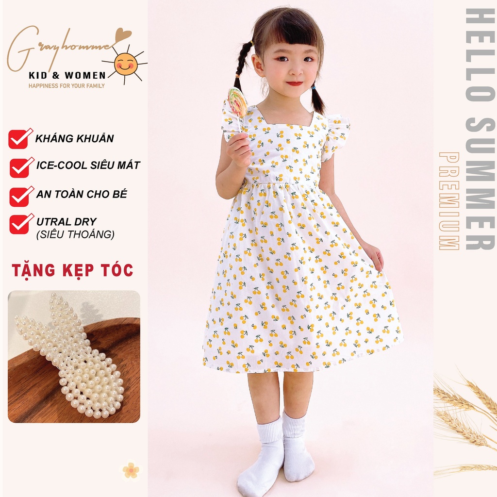 Váy bé gái GRAYHOMME họa tiết Cherry Vàng, dáng rộng, chất Thô cotton thoáng mát thấm hút mồ hôi tốt (VK007)