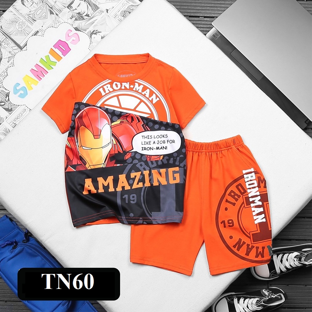 Bộ quần áo siêu nhân người nhện, đội trưởng mỹ, khổng lồ xanh, người sắt, tay ngắn cho bé trai TN57