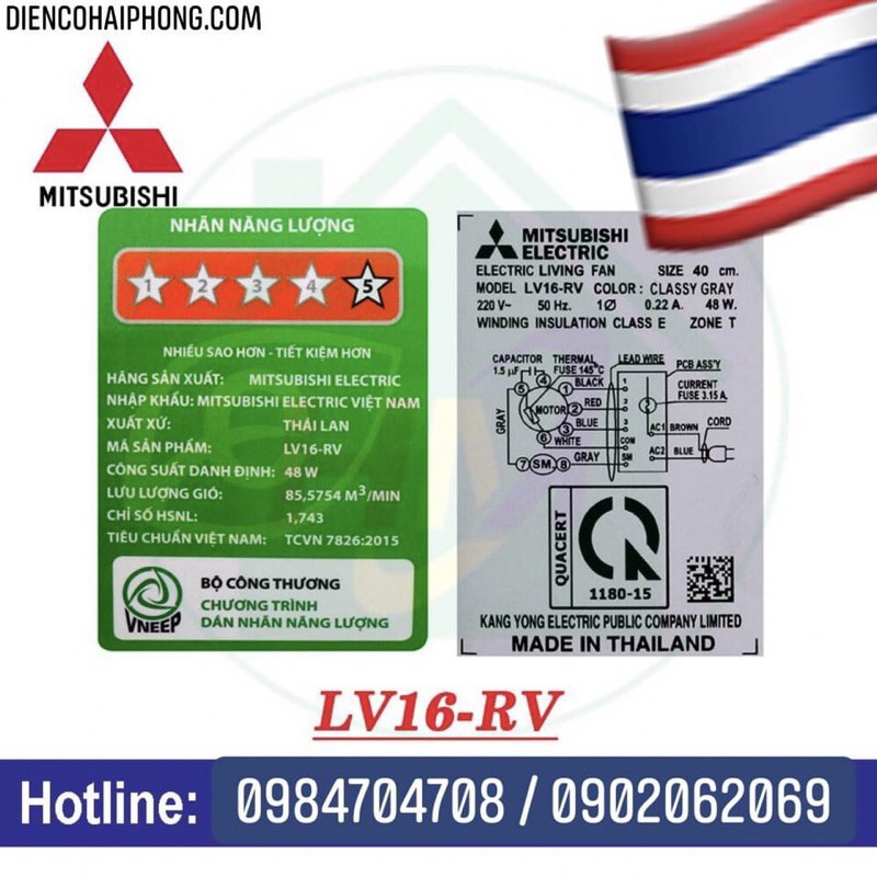 Quạt cây Mitsubishi LV16-RV ( màu xám nhạt , xám đậm ) Thái Lan ( npp điện cơ Hải Phòng pp toàn miền Bắc)