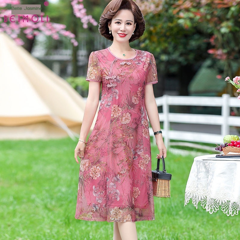 Váy mùa hè cho mẹ, váy thêu voan phong cách phương Tây Quần áo phụ nữ trung niên và cao tuổi