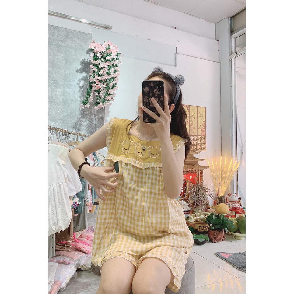 Bộ lửng bầu và cho con bú sau sinh mùa hè sát nách, bộ đồ kẻ thêu gấu