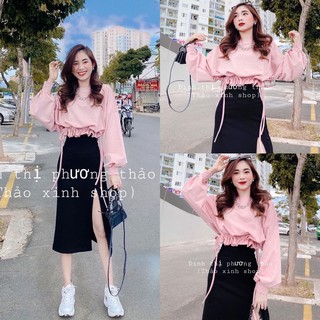 🌀Set Váy Xẻ Tà + Croptop Rút Dây Hồng