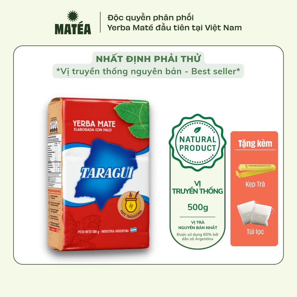 Trà Yerba Maté Taragui vị Truyền thống 500g tỉnh táo, thanh lọc cơ thể + Tặng kẹp trà và 10 Túi lọc tái sử dụng