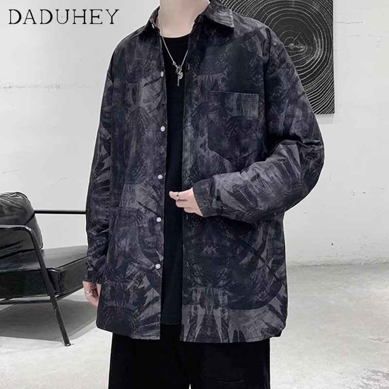 DaDuHey Men's Autumn Hong Kong Style Trendy Printed Long-Sleeved Shirt Trendy Fashion Loose Casual Top