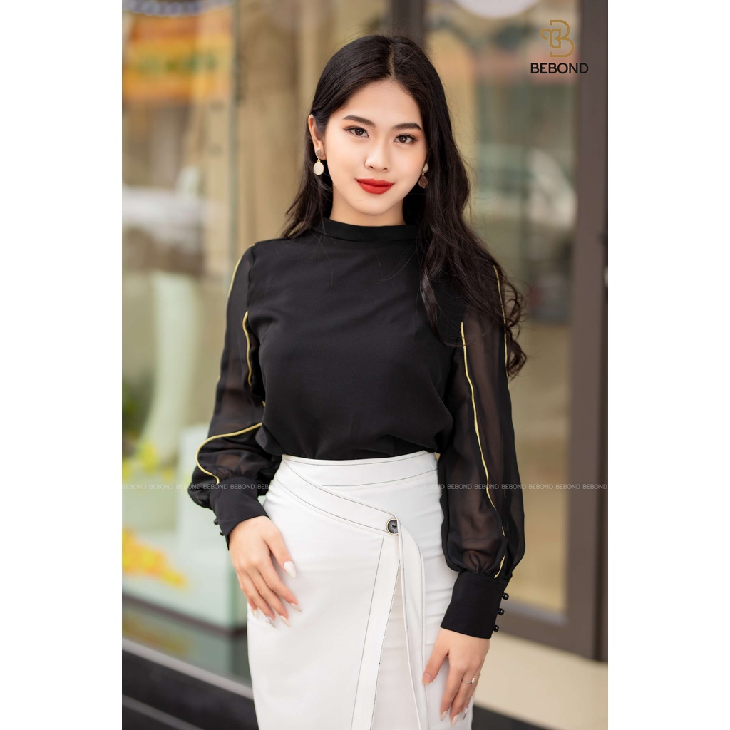 Áo Sơ Mi Trẻ Trung BEBOND Thiết Kế Sang Trọng Viền Vàng Kim Tuyến Dài Tay Màu Đen BBA02 Phù Hợp Công Sở Đi Tiệc Đi Chơi