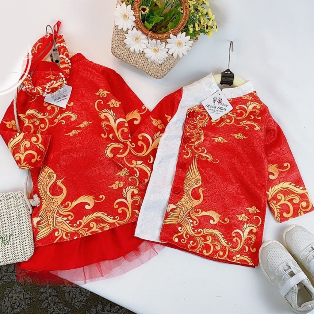 Áo dài cách tân Áo dài gấm bé trai, bé gái Áo Dài Cách Tân Rồng Phượng shopmevung