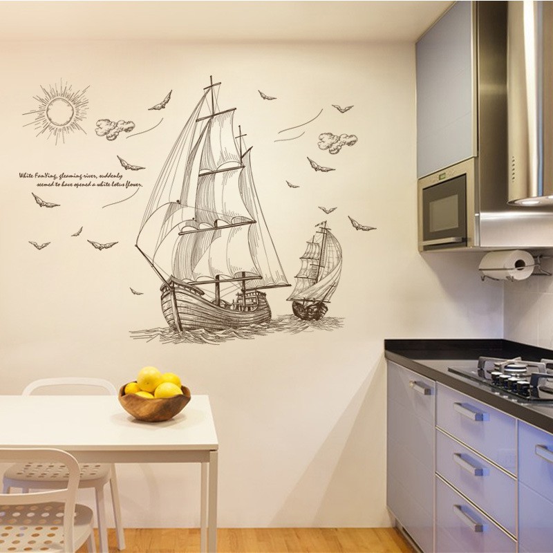 Tranh dán tường 3D Thuận buồm xuôi gió, Decal trang trí phòng, Miếng dán trang trí tường