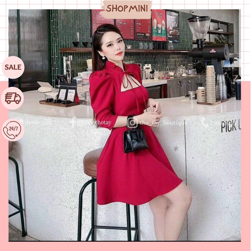 Đầm xòe nữ cổ tàu tay phồng thời trang cho nàng tự tin dạo phố