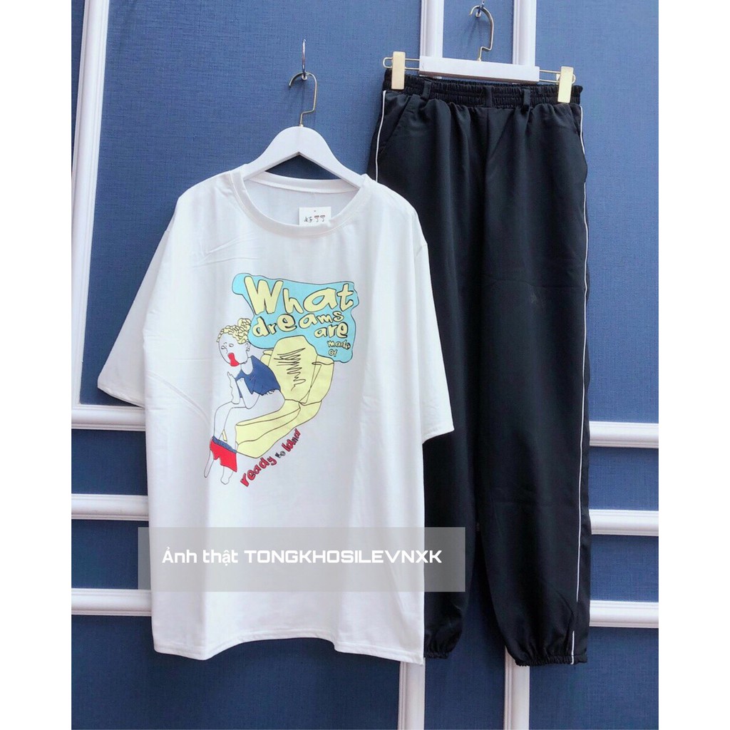 BỘ ÁO THUN TRẮNG CÔ GÁI WHAT MIX QUẦN JOGGER ĐEN SỌC MÍ Dáng Suông Form Thụng Hot