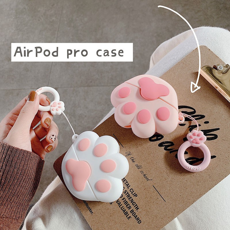 Vỏ Bảo Vệ Hộp Sạc Tai Nghe AirPods 1 2 3 Pro Bằng Silicon Hình Chân Mèo Màu Hồng Trắng Dễ Thương Kèm Dây Đeo