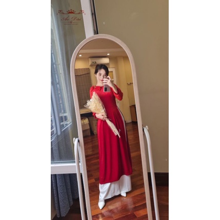 Áo dài nhung tiểu thư phối tay tơ cổ nơ điệu đà 3 màu xanh đỏ vàng, hàng chuẩn đẹp giá sát sỉ