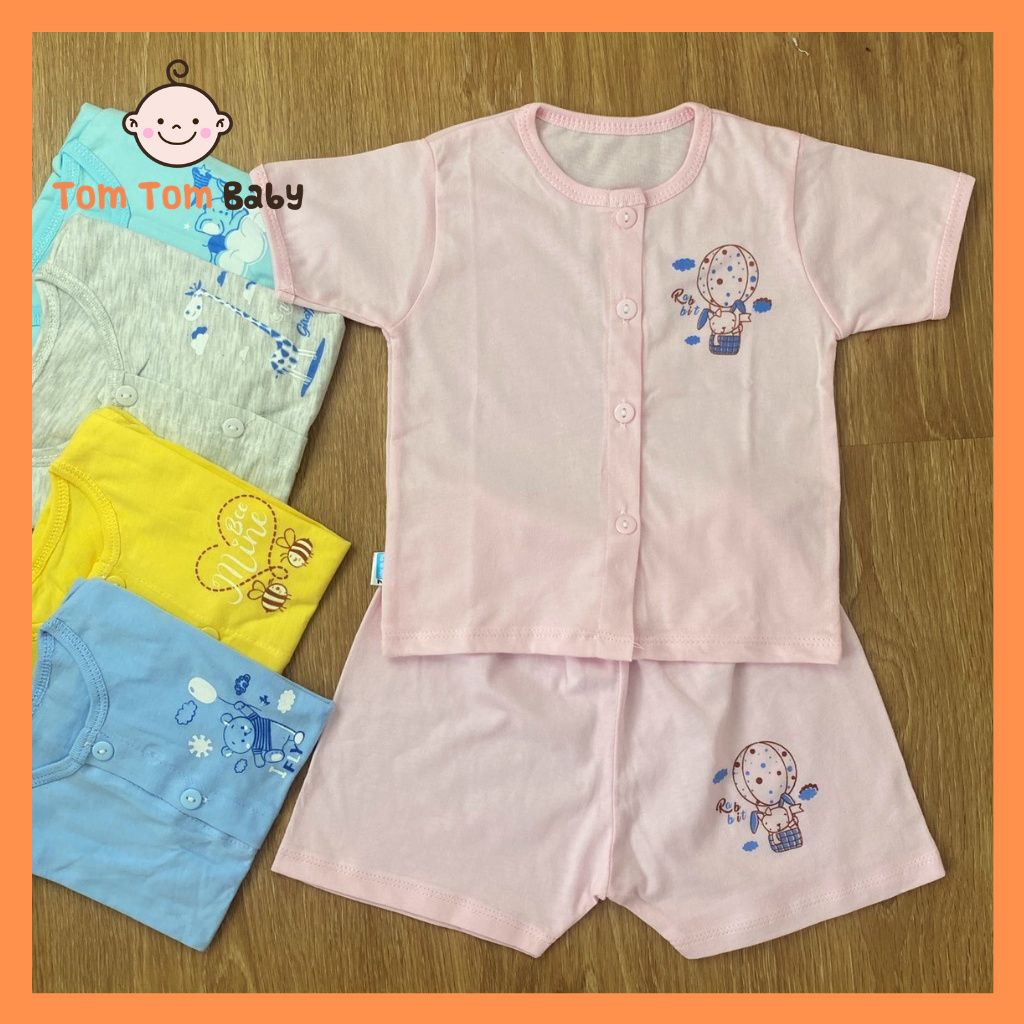 Bộ Quần Áo Sơ Sinh Cotton Thái Hà Thịnh | Mẫu Tay Ngắn  Màu Cài Nút Giữa | Size 1-5 cho bé sơ sinh -12kg