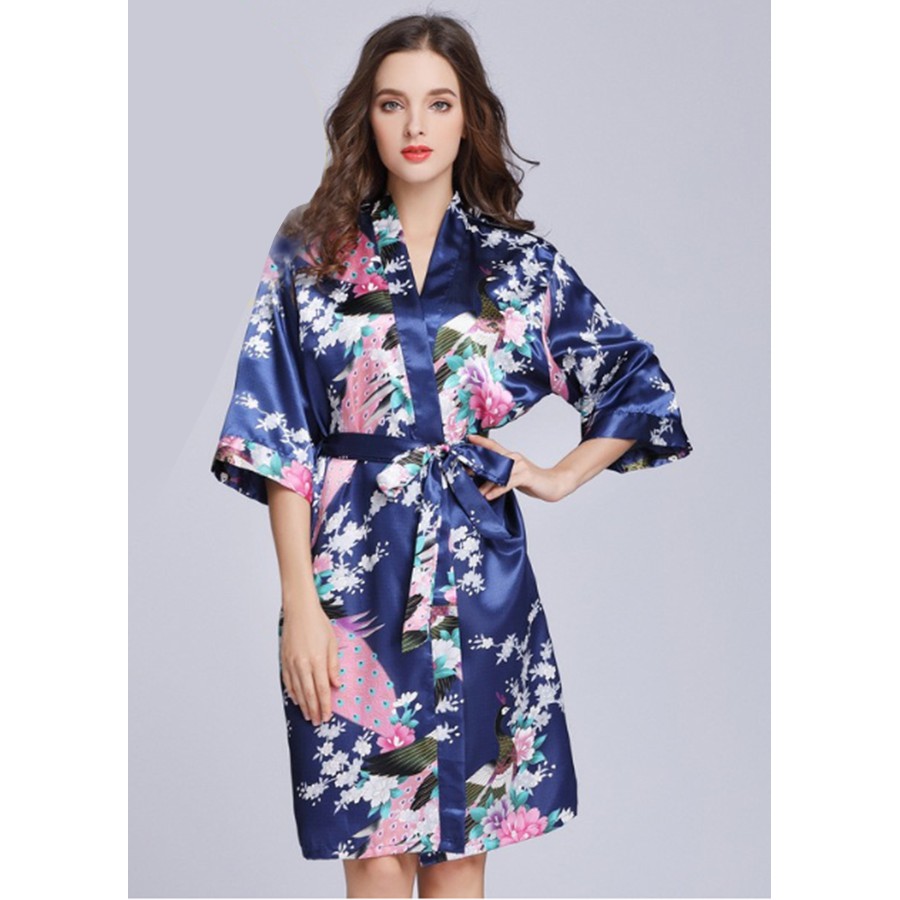 Áo Choàng Lụa Pijama Dài Họa Tiết Khổng Tước Và Hoa | Kiểu Dáng Choàng Kimono..