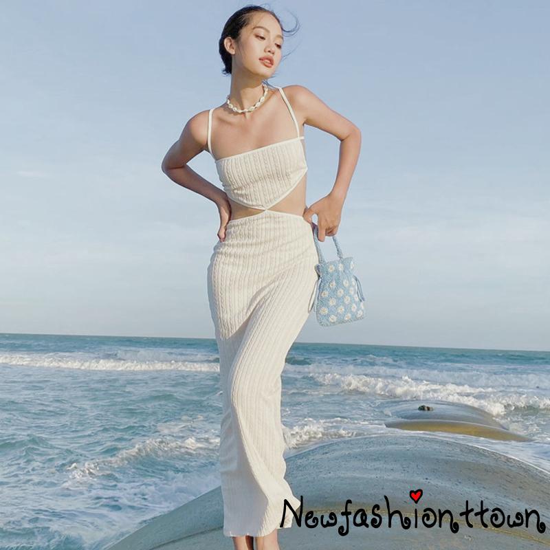 Đầm Hai Dây Dáng Dài Hở Lưng Màu Trơn Thời Trang Mùa Hè Dành Cho Nữ