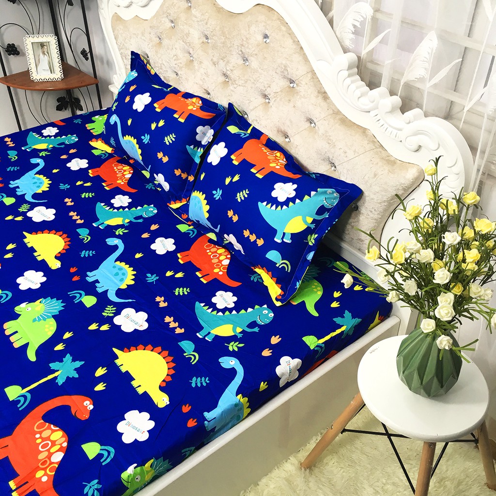 Bộ Ga Gối Cotton Poly Mẫu KHỦNG LONG XANH DÀNH CHO BÉ TRAI