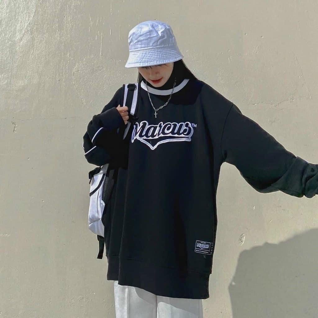 Áo sweater/Áo nỉ cổ tròn form rộng tay bồng unisex nam nữ in chữ MARCUS phối viền cổ độc đáo RÔ STORE SW27 | BigBuy360 - bigbuy360.vn