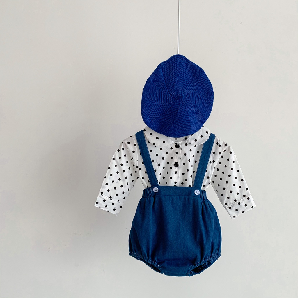 Bộ Áo Sơ Mi Chấm Bi Tay Dài + Quần Yếm Ngắn Dễ Thương Thời Trang Xuân Thu Cho Bé Gái