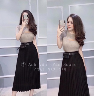 Chân váy xếp ly kèm đai