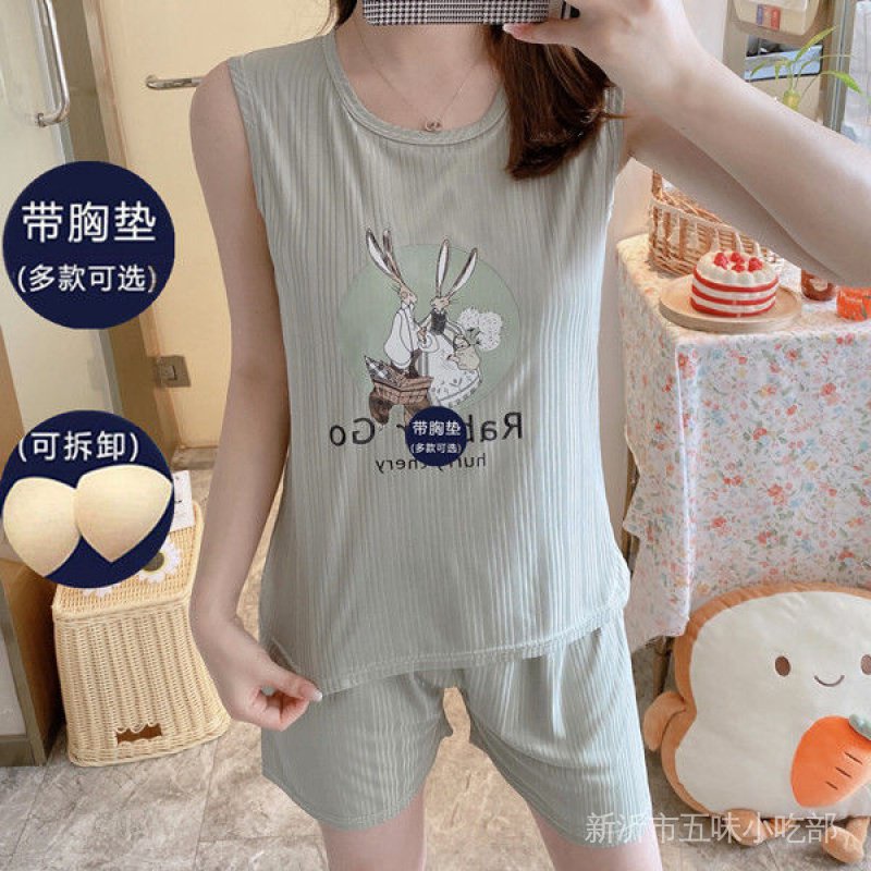 Đầm Ngủ Không Tay Có Mút Đệm Ngực Họa Tiết Hoạt Hình Phong Cách Hàn Quốc Cho Nữ