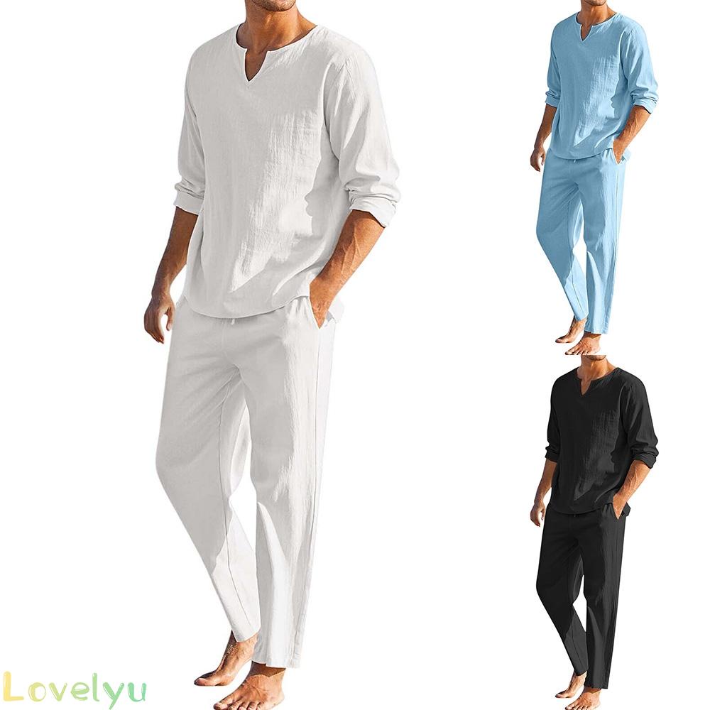 &lt;READY STOCK&gt;Men Shirt Pants 2-Pieces Set Cotton Linen Long Sleeve Solid Color V Neck100% brand new！