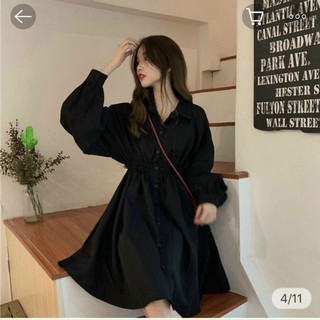 Đầm sơ mi nhúng eo cổ gập gài nút