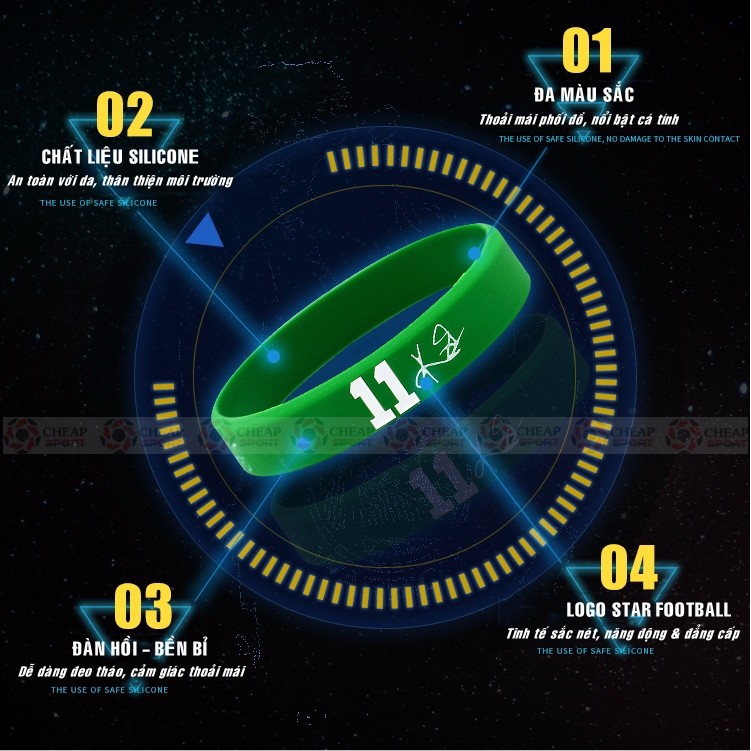 Vòng Tay Cao Su Bóng Đá 1.0 Cao Cấp In Logo Các Ngôi Sao Bóng Đá Ronaldo Cr7, Messi, Neymar