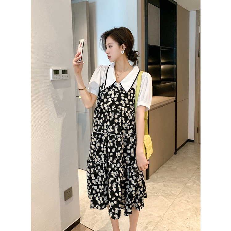 Váy đầm bầu sơ mi phối hoa nhí thiết kế cho mẹ bầu công sở, dự tiệc lịch sự trẻ trung mới mùa hè thoáng mát