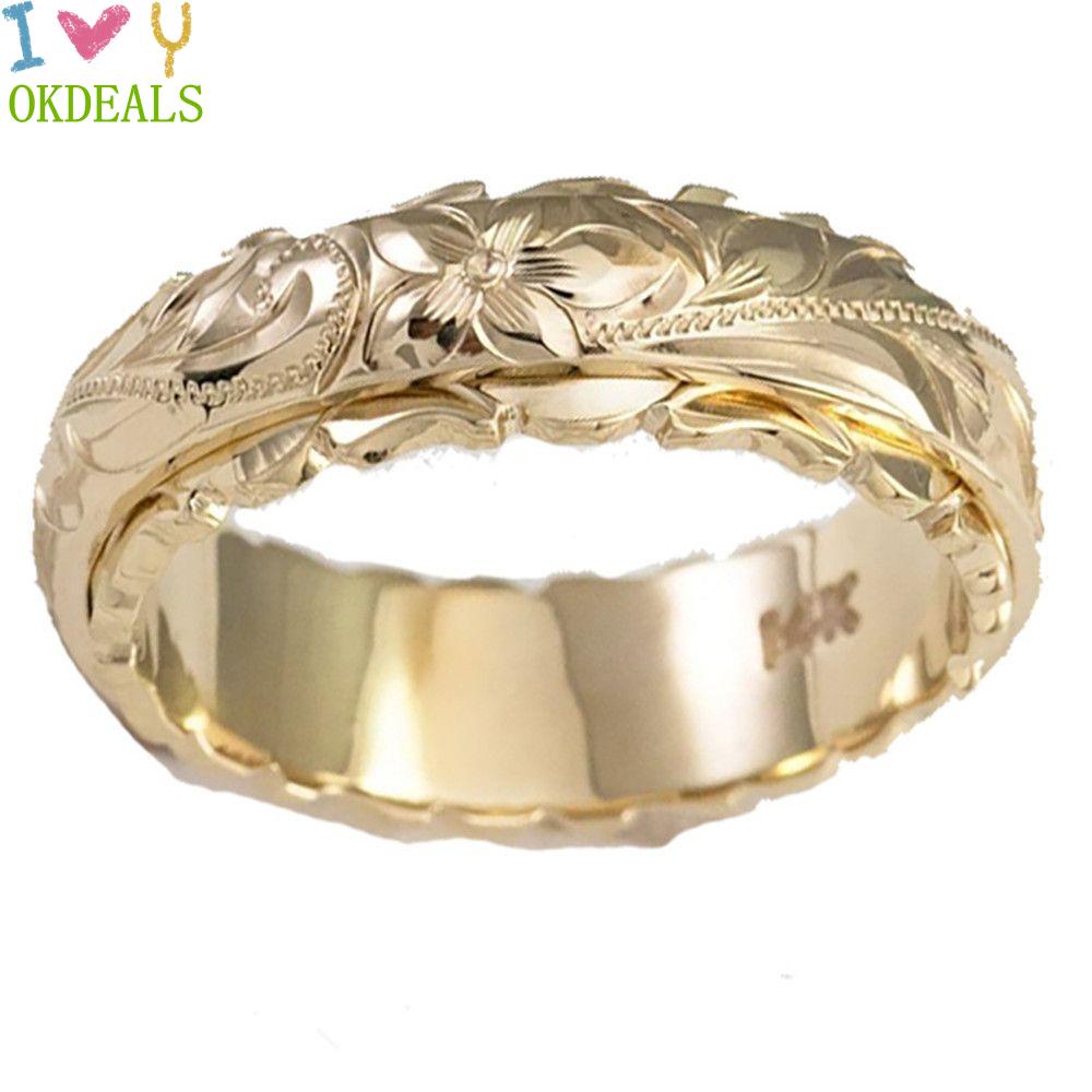 Nhẫn đeo tay khắc hoa tinh tế size 5-11 mạ vàng 14K cho nữ phong cách cổ điển sang trọng dịp cưới