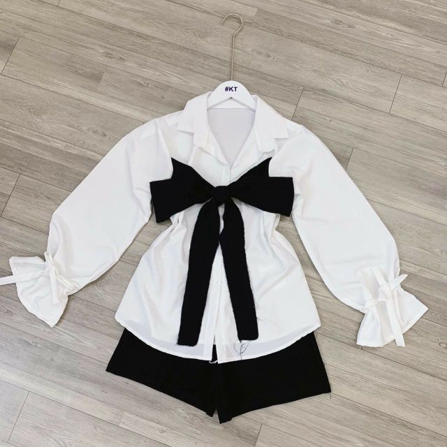 Áo sơ mi cột nơ đen phong cách sang chảnh