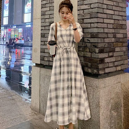 Đầm Sơ Mi Dài Họa Tiết Sọc Caro Phong Cách Hàn Quốc Mẫu Mới Thời Trang Cho Nữ