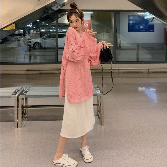 ZHELIHANGFEI Rỗng áo dệt kim chia tay dài cổ điển đa năng