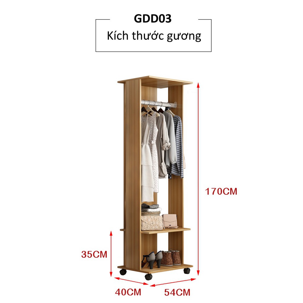 Gương Soi di động soi· toàn thân, bánh xe đẩy thông minh, decor nhà cửa kèm móc treo đồ