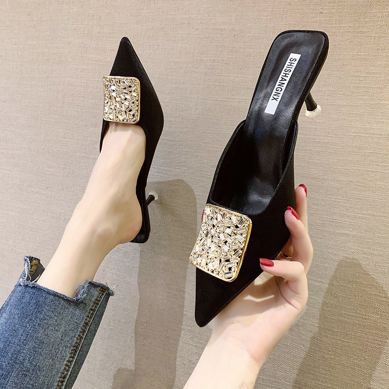 Flat Shoses Sandals, Women's Summer Wear 2021 New Pointed High Heels Fine With Water Drill Semi-Drag Wild Fashion Women'