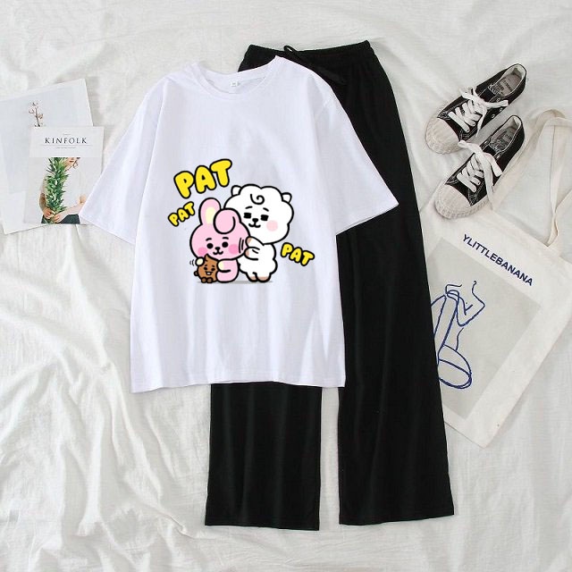 Sét Bộ Đồ Quần Ống Rộng Áo Phông Trắng Nữ Ulzzang Mặc Đi Chơi Siêu Xinh, Áo Phông Cotton In 3D Hình BT21 Rất Dễ Thương