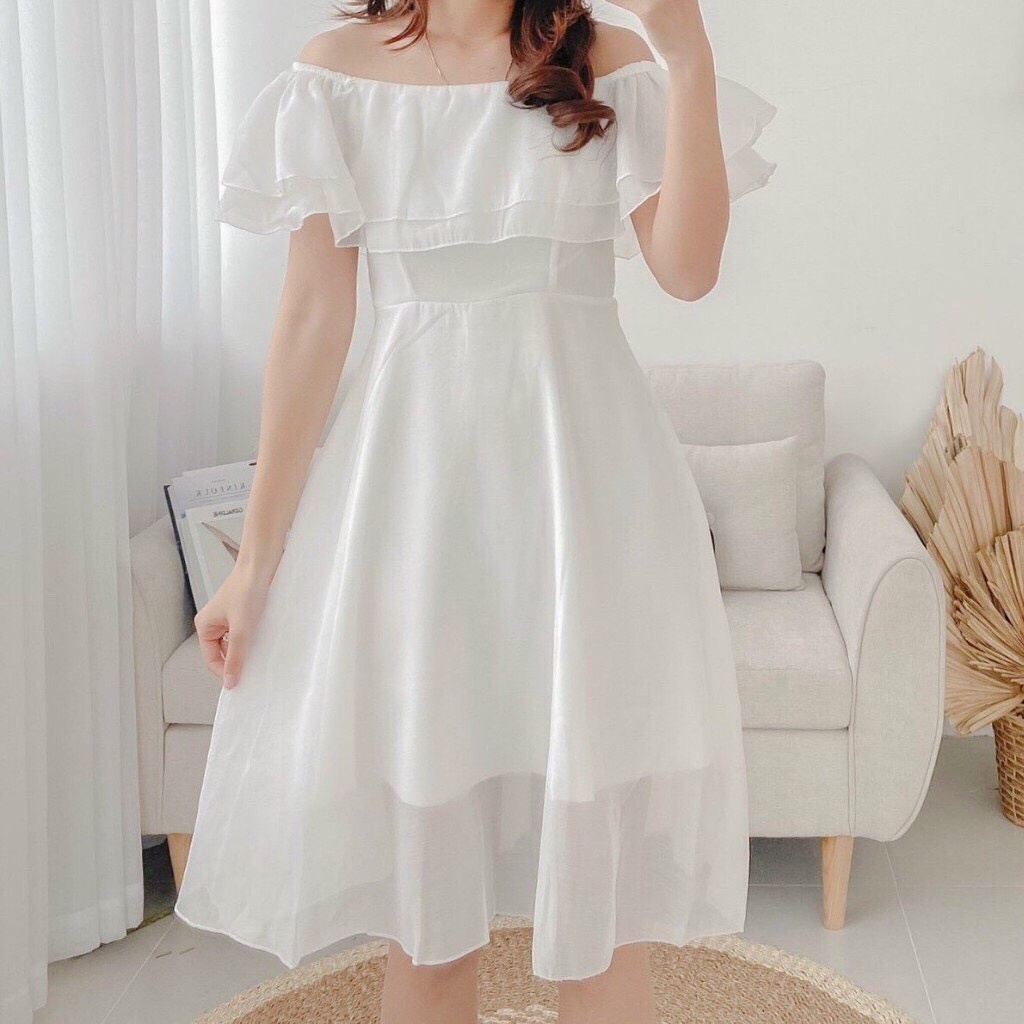 Váy trễ vai voan tầng dáng xòe công chúa