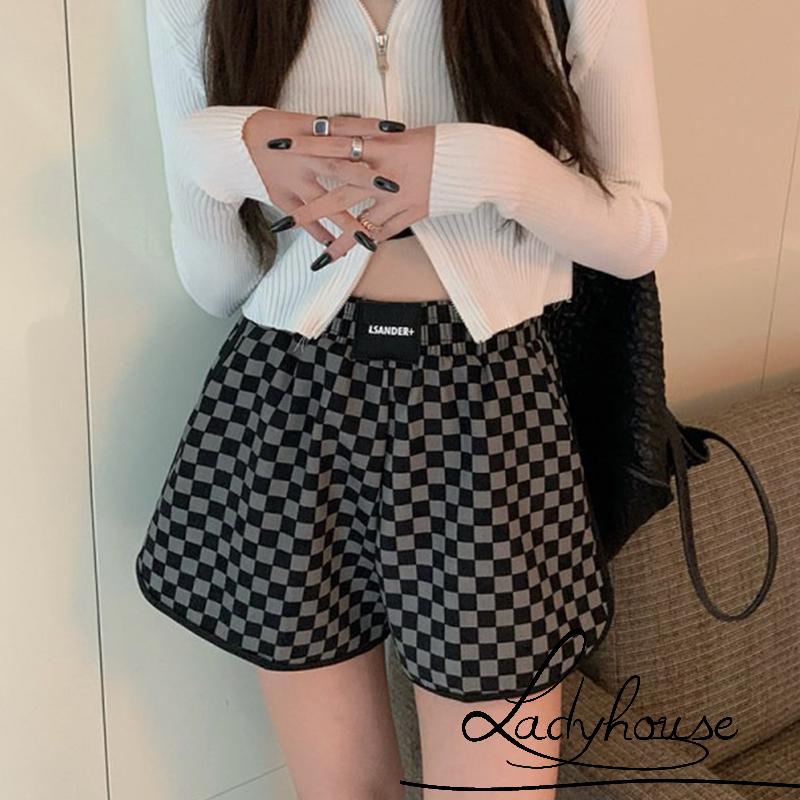 Ld-quần Short Thể Thao Eo Cao In Họa Tiết Kẻ Ô Hai Bên Có Túi Phong Cách Thể Thao Thời Trang Xuân Hè Dành Cho Nữ