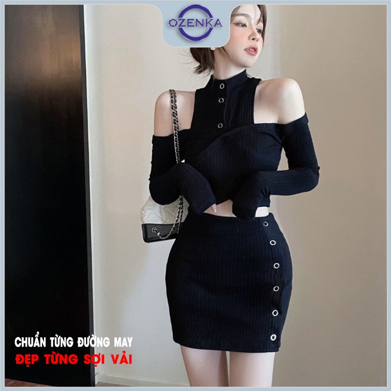 Set áo croptop tay dài trễ vai chân váy ngắn ôm body OZENKA , bộ áo crt kiểu cổ lọ sang chảnh gợi cảm màu đen trắng
