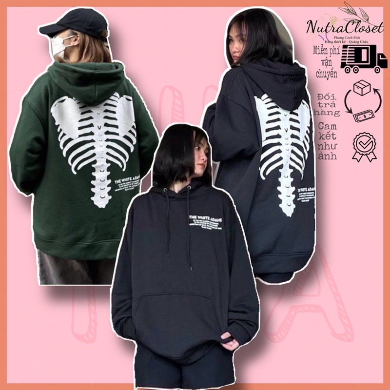 Áo khoác chui đầu hoodie nỉ ngoại có nón in khung xương unisex ulzzang nam nữ