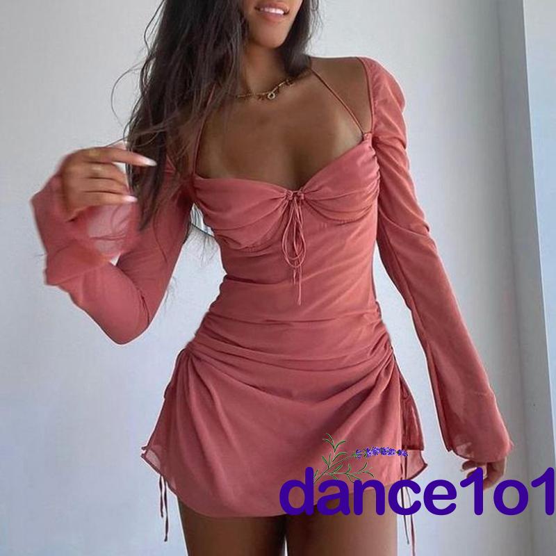 ✭QH★Women´s Solid Color Long Sleeve Drawstring Pleated Halter Neck Mini Dress