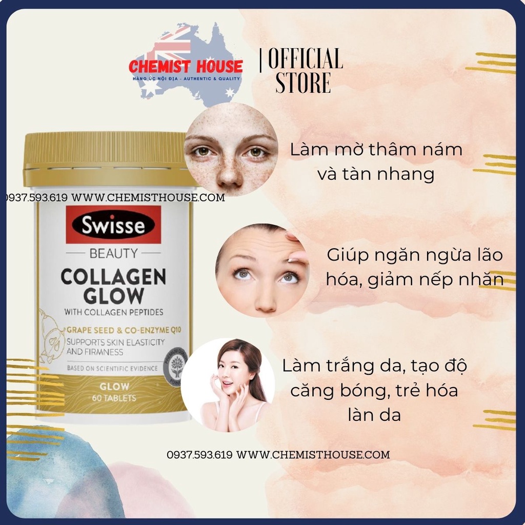 [Hàng Chuẩn ÚC] Swisse Beauty Collagen Glow - Collagen thủy phân đẹp da từ hạt nho vitamin E Coq10