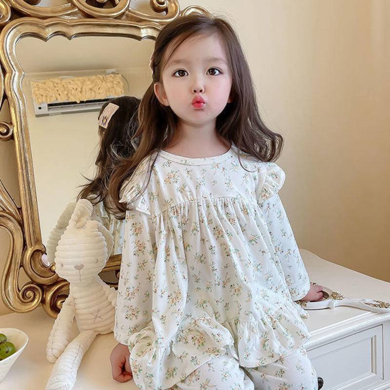 Bộ Đồ Ngủ Cotton Tay Dài Thoải Mái Phong Cách Công Chúa Hàn Quốc Cho Bé Gái