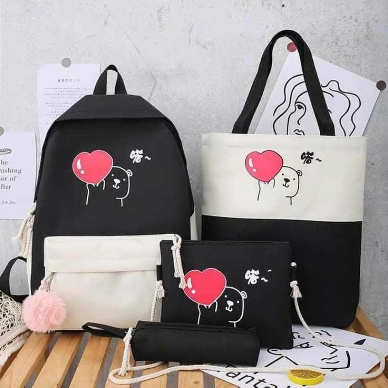 combo balo 4 món gấu trái tim