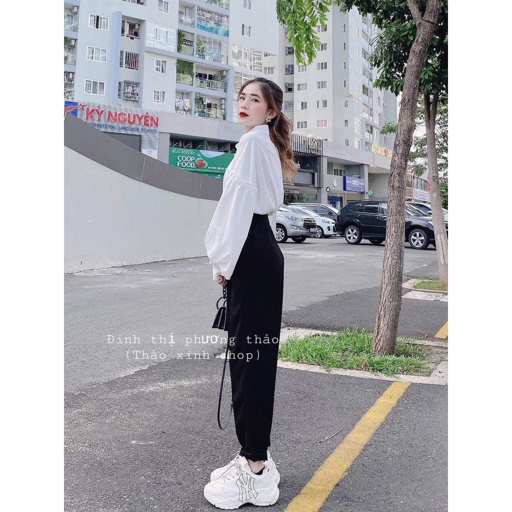 Quần baggy nữ jean lưng cao 4 nút đen cá tính Hàn Quốc F49