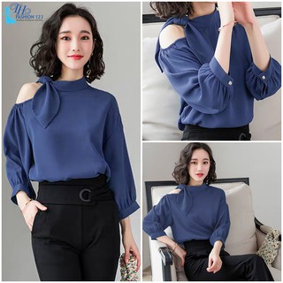 Áo Tay Lở Cổ Lọ Vai Nơ Nữ Kiểu Cao Cấp TH240